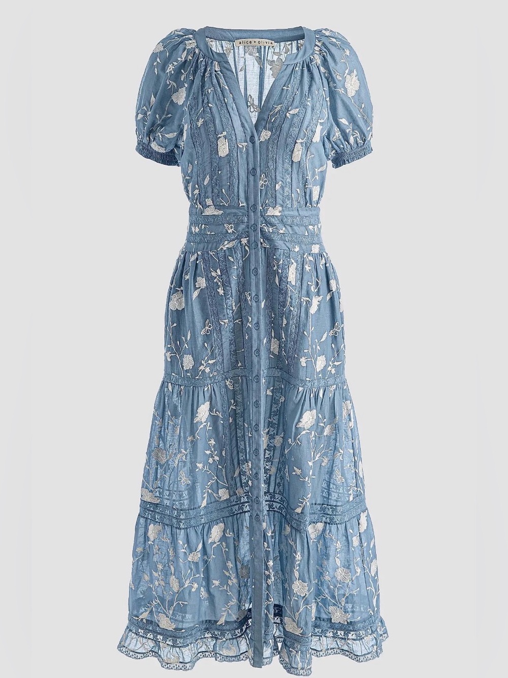 Alice + Olivia Blue Floral Maxi Dress with White Embroidery